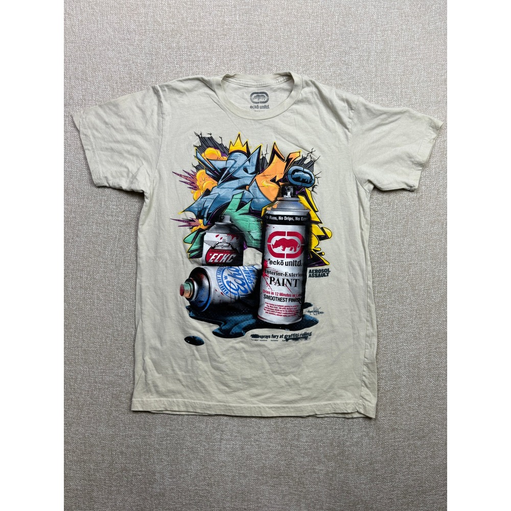 Ecko Unltd Mens Graffiti Spray Paint Graphic T-Shirt Tan Size M Aerosol Assault